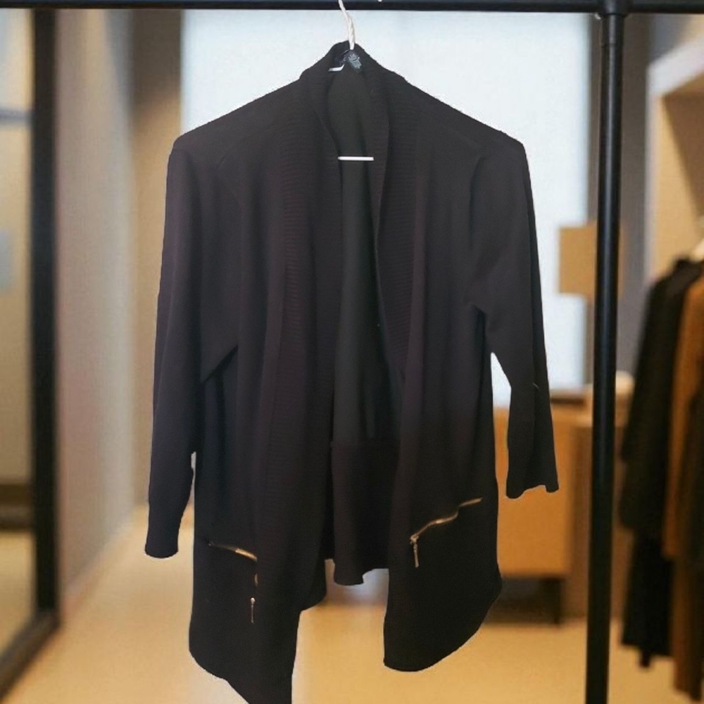 Joan Vass Black Open-Front Blazer with Zipper Accents